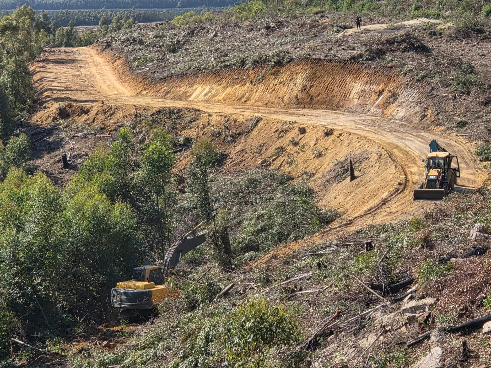 Wide view of a TLB and excavator working on a hillside earthworks site